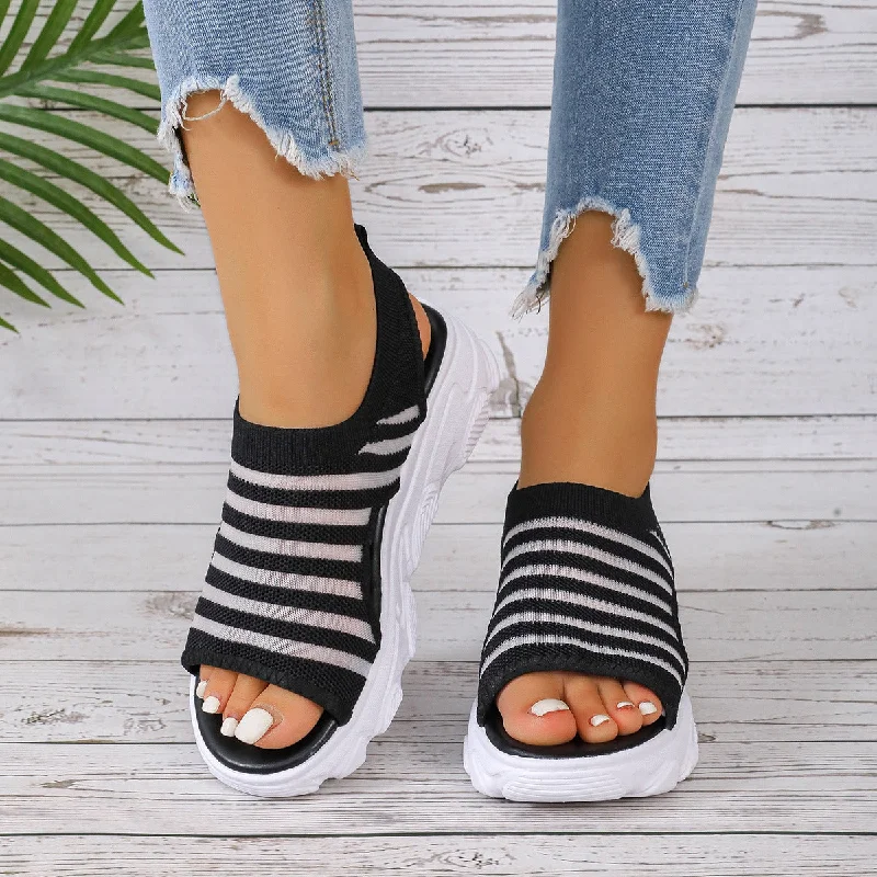 Women Striped Mesh Platform Peep-Toe Sandals