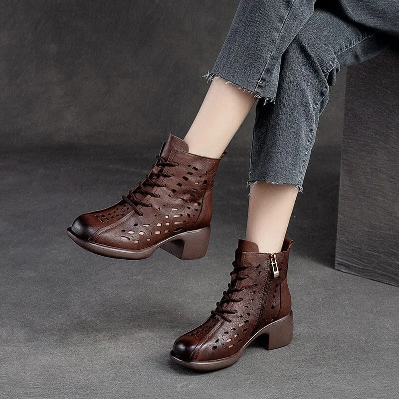 Summer Hollow Leather Chunky Lug Sole Boots