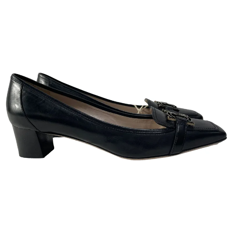 Salvatore Ferragamo Gancini Square Toe Block Heel Pumps in Black Leather