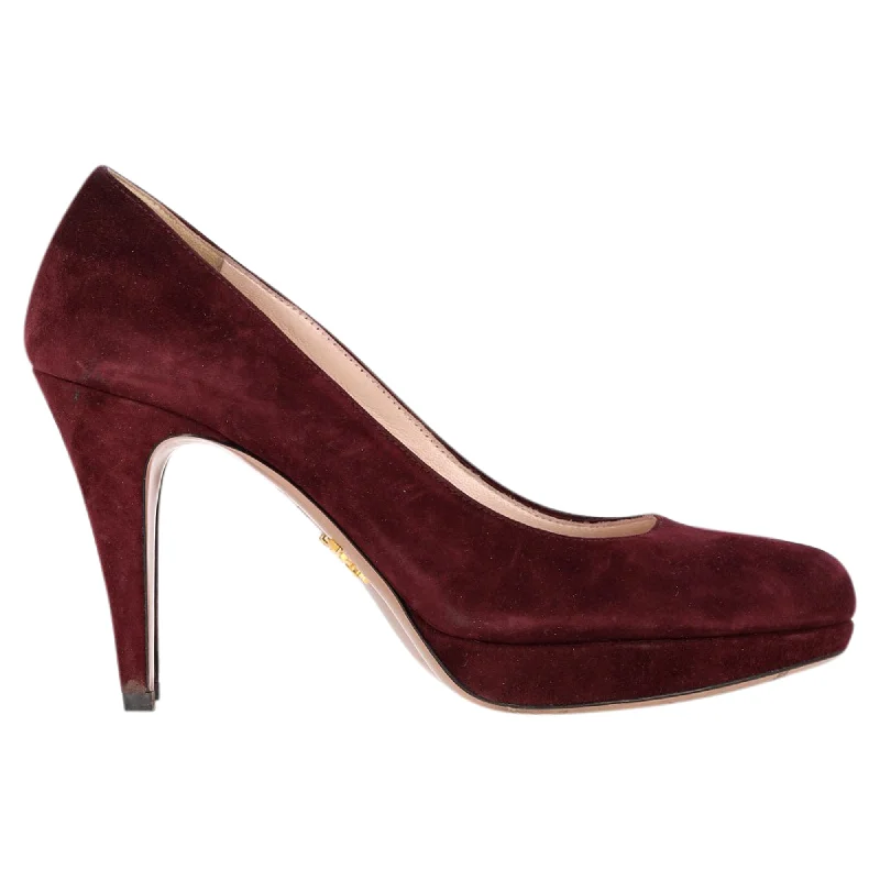 Prada Platform Heel Pumps in Burgundy Suede