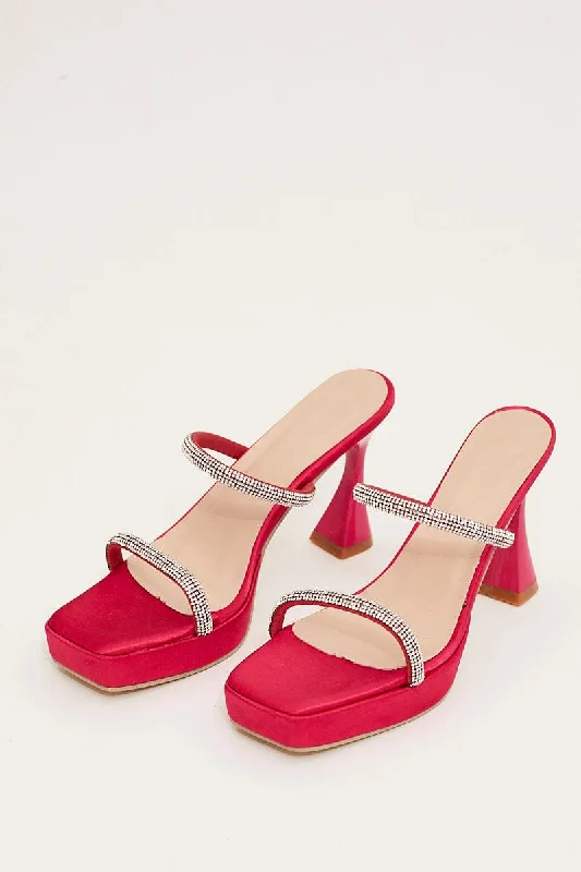 Pink Rhinestone Square Toe Mule Heeled Sandals