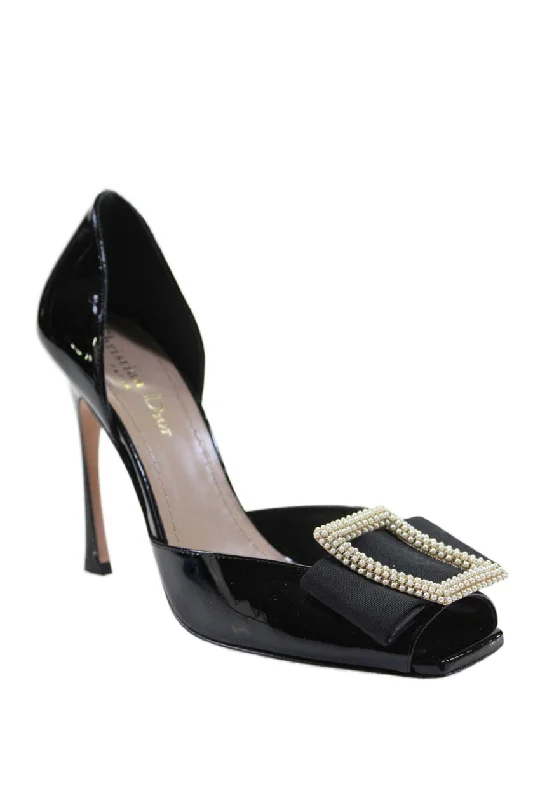 Christian Dior Womens Embellished Grosgrain Peep Toe Pumps Black Patent