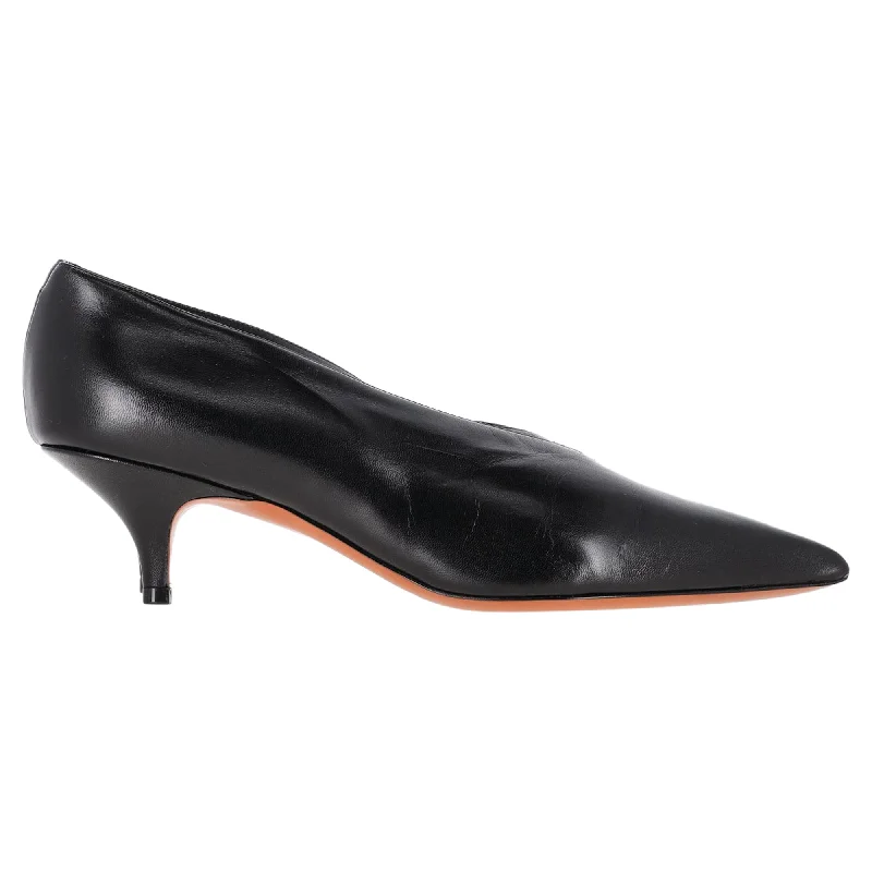 Celine V Neck Pointed Toe Pumps in Black Leather