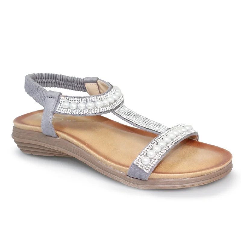 Lunar JLH 078 Tancy Ladies Grey Pearl T Bar Fashion Sandals