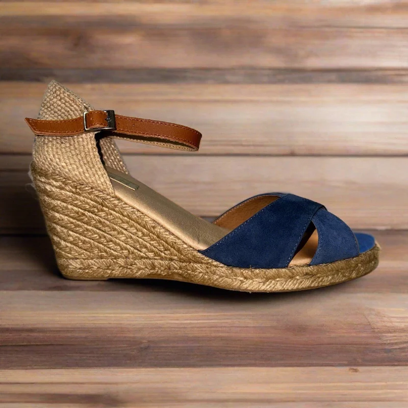 Pinaz Lona Blue Suede Espadrille Wedge Sandals