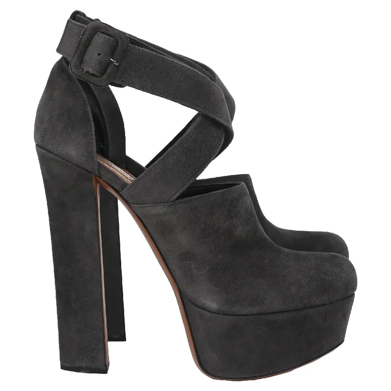 Alaïa Cross Strap Chunky Heel Platform Pumps in Grey Suede