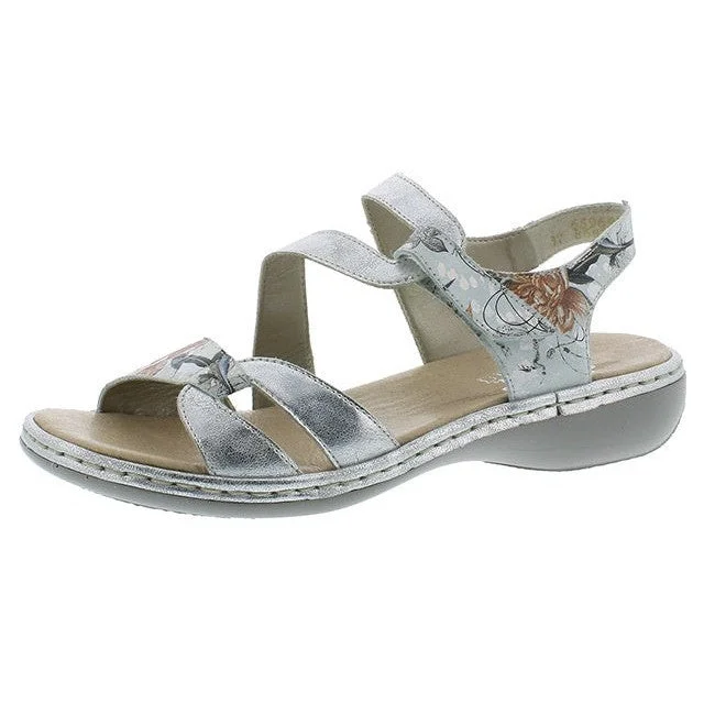 Rieker 65969-82 Ladies Silver Floral Hook and Loop Sandals