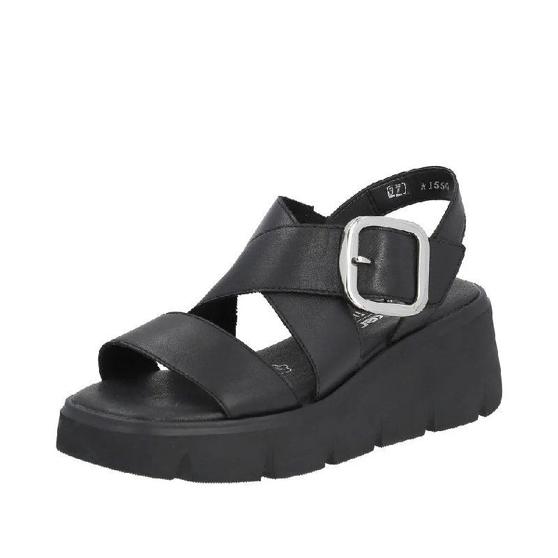 Rieker W1550-00 Ladies Black Leather Touch Fastening Sandals