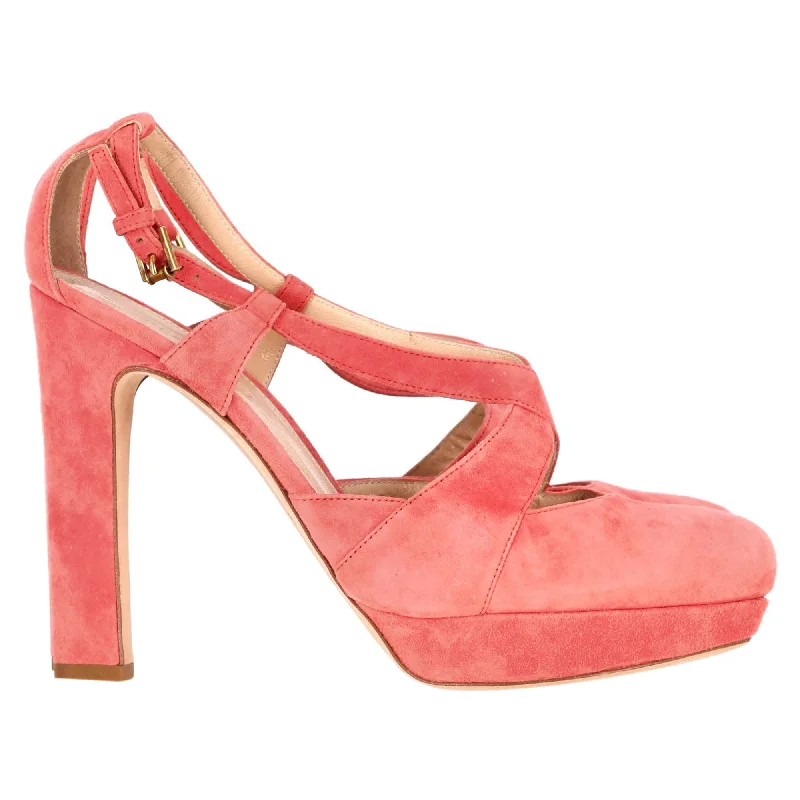 Jil Sander Cross Strap Chunky Heel Platform Pumps in Coral Suede