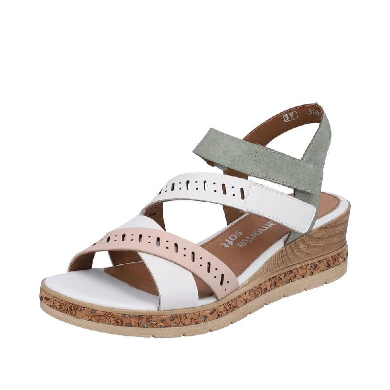 Remonte D3064-80 Ladies White, Pink & Green Leather & Textile Touch Fastening Sandals