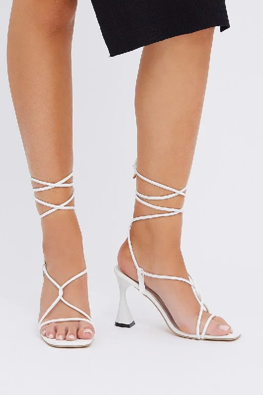 White Strappy Tie Leg Heeled Sandals