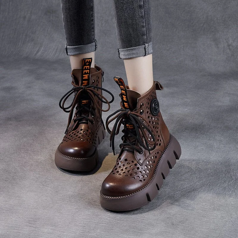 Summer Retro Hollow Leather Platform Boots