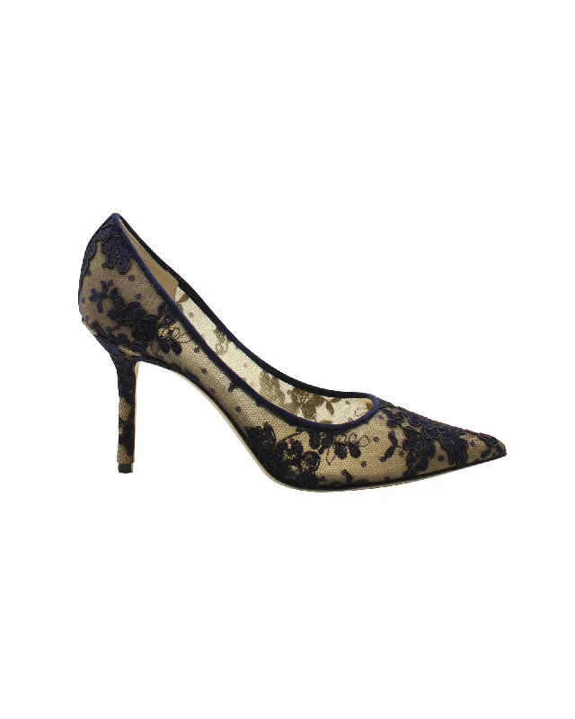 Jimmy Choo Love Lace Pointed Toe Pumps in Navy Blue Leather