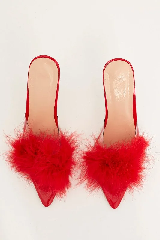 Red Faux Feather Stiletto Heeled Mule Sandals