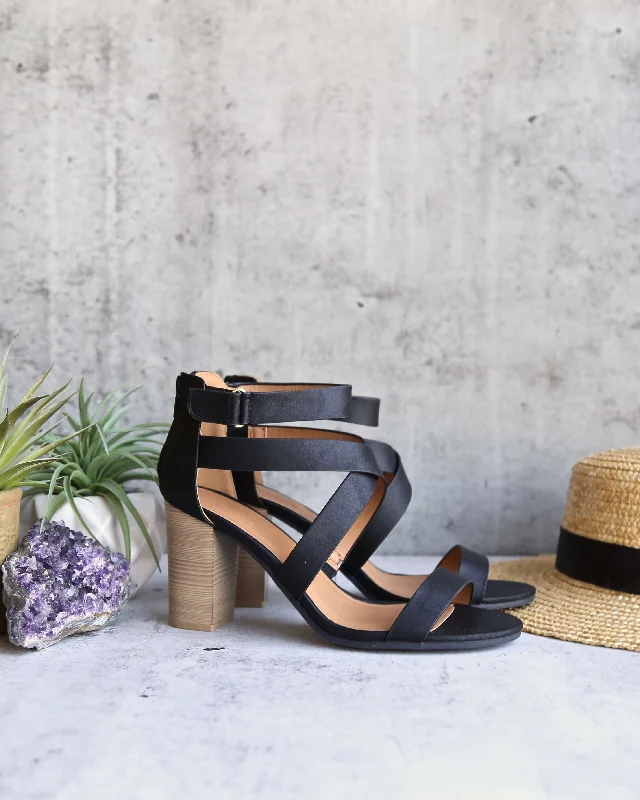 Lucite Vegan Strappy Block Heel Sandals in Black