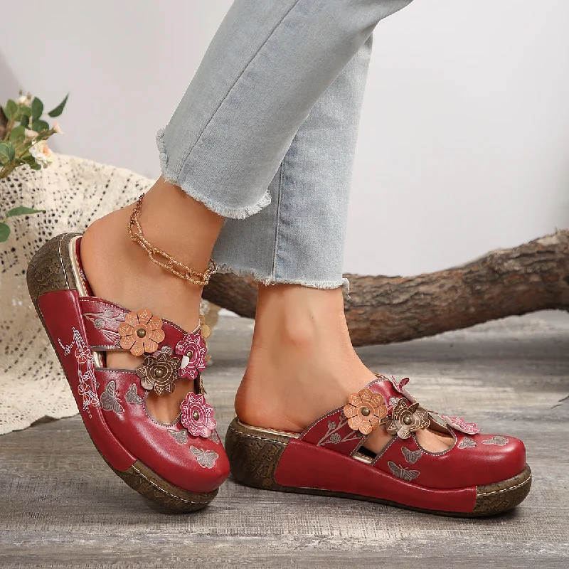 Retro Ethnic Flower Handmade Thick- Soled Sandals for Women