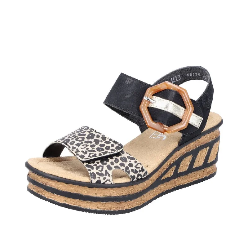 Rieker 68176-00 Ladies Black & Leopard Print Synthetic Touch Fastening Sandals