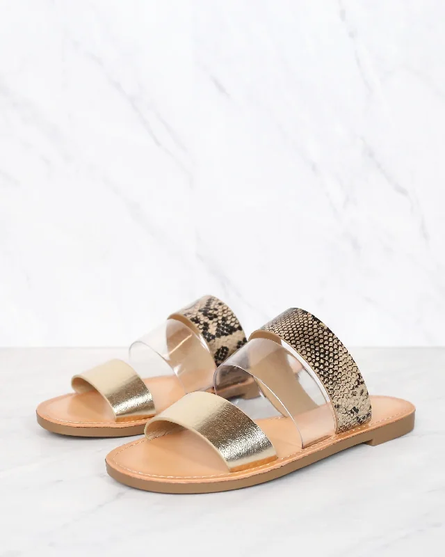 Gold Python Three Band Slip On Sandals