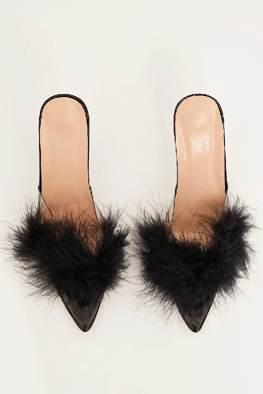 Black Faux Feather Stiletto Heeled Mule Sandals