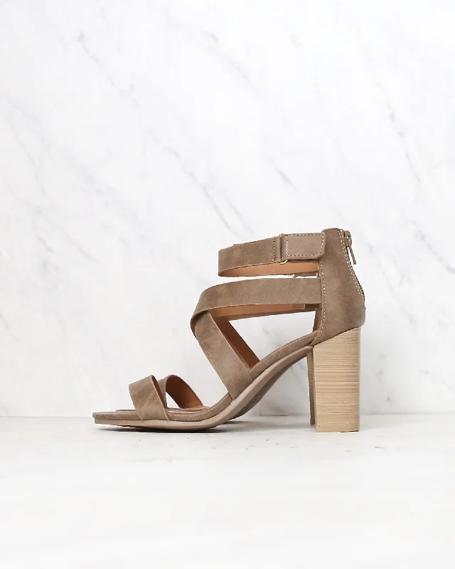 Lucite Vegan Strappy Block Heel Sandals in Taupe