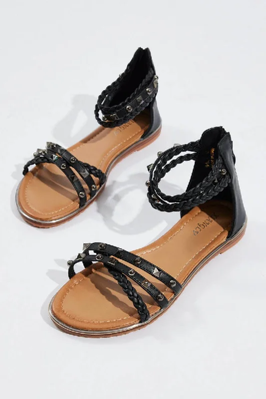 Black Flat Studded Sandals