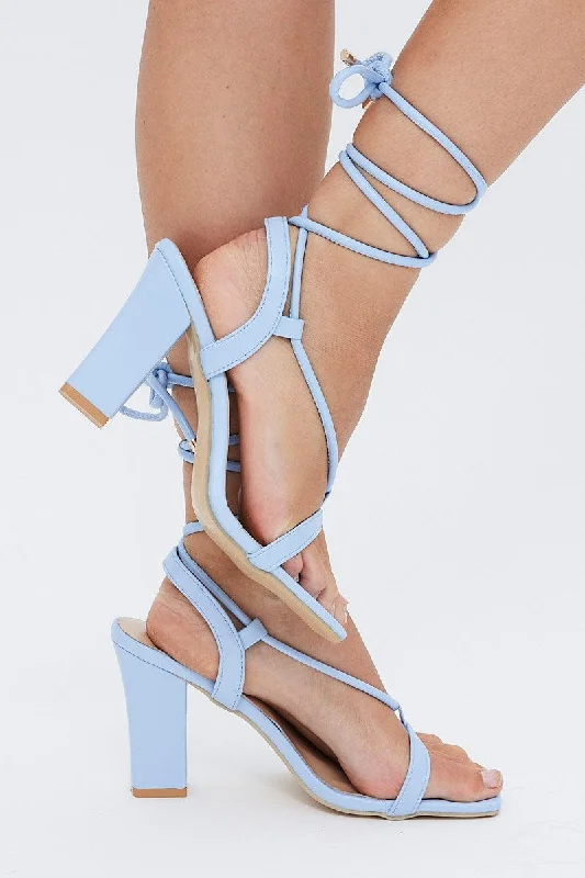 Blue Strappy Tie Leg Heeled Sandals