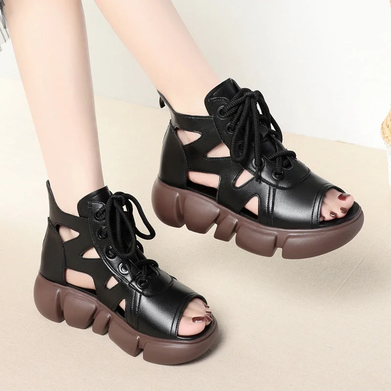 Women Summer Lace Up Platform Peep-Toe Wedge Sandals