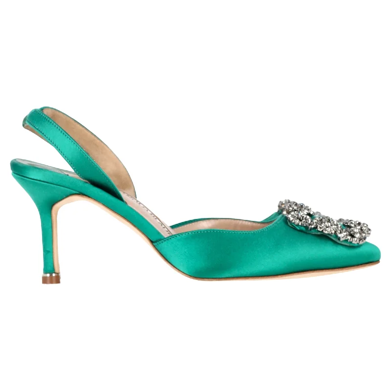 Manolo Blahnik Hangisi70 Embellished Slingback Pumps in Green Satin