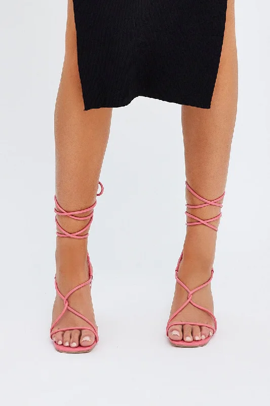 Pink Strappy Tie Leg Heeled Sandals