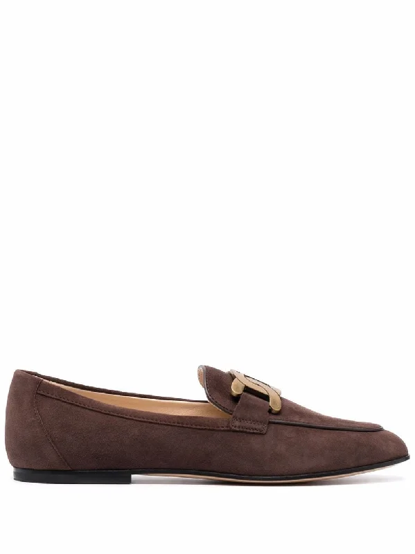 TOD'S Almond Toe Chain-Plaque Suede Loafers