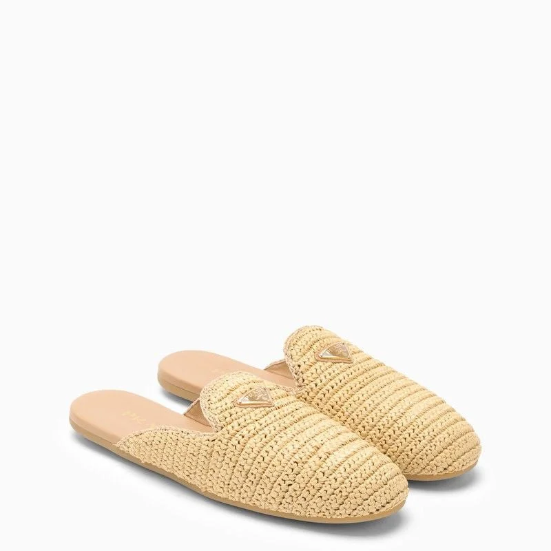 PRADA Natural Raffia Loafer with Logo Triangle