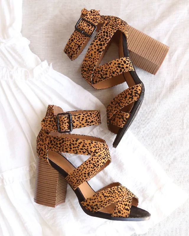 Wild Night Out Textured Suede Open Toe Strappy Sandals in Camel/Black Leopard