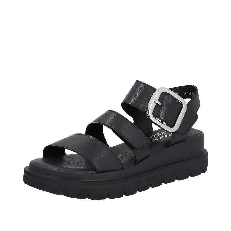 Rieker W1650-00 Ladies Black Leather Touch Fastening Sandals