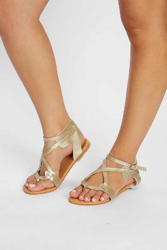 Metallic Cross Over Ankle Strap Flat Sandals