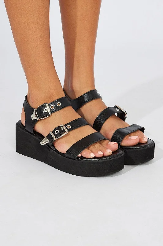 Black Double Buckle Wedges Sandals