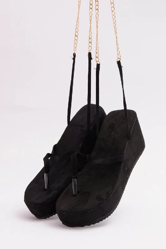 Black Chain Decor Tie Leg Toe Post Wedge Thong Sandals