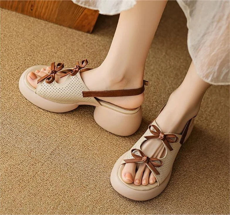 Retro Bowknot Hollow Chunky Heel Sandals